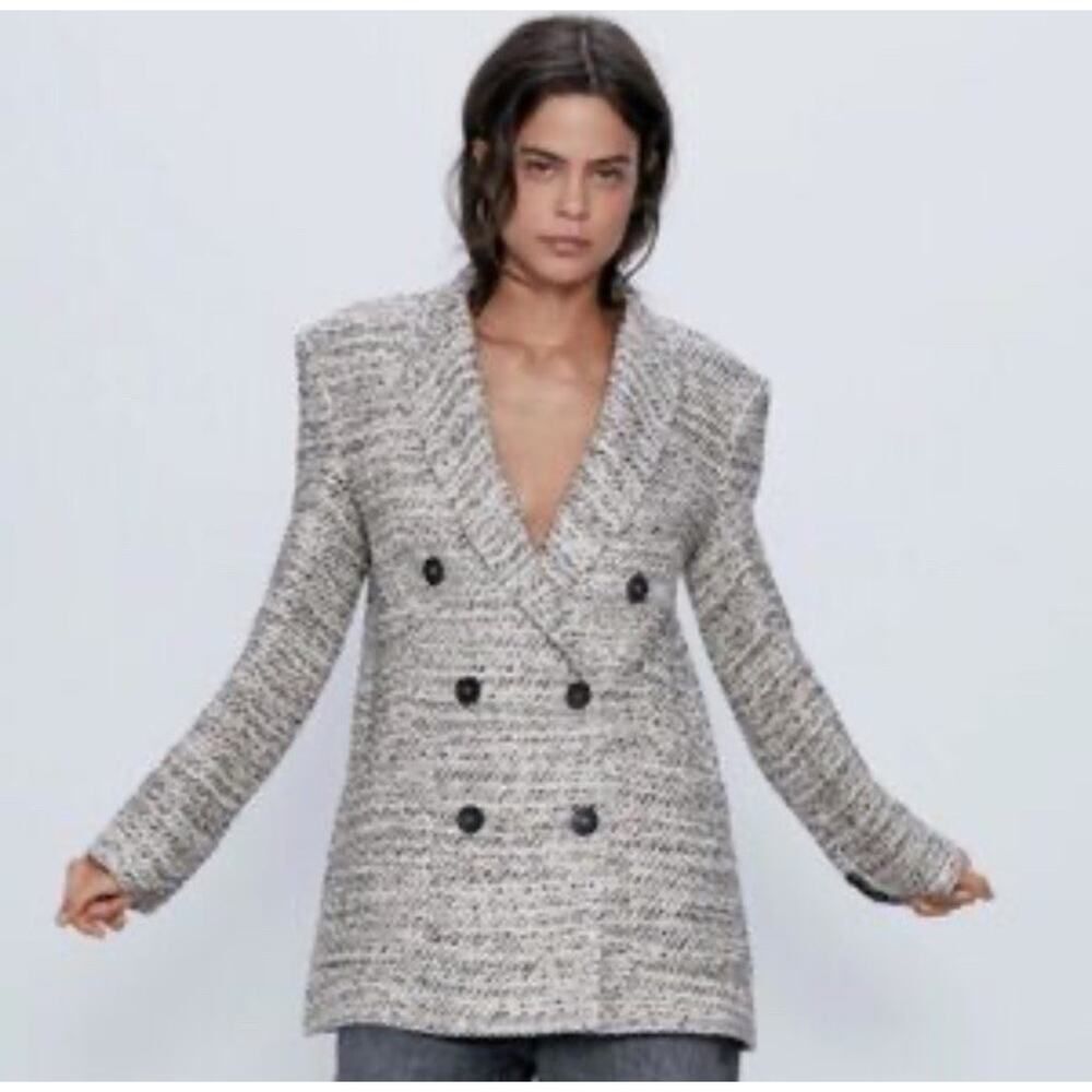 Zara Textured Tweed Double Breasted Blazer Jacket Small Black Cream Boucle